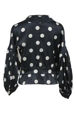 Black and white polka dot polyester satin peak collar blouse with drop shoulders and balloon sleeves