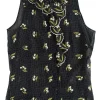 Black and white polkadots sheer sleeveless top with white floral embroideries