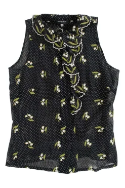 Black and white polkadots sheer sleeveless top with white floral embroideries