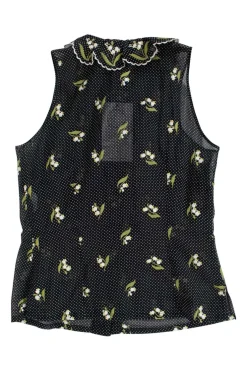 Black and white polkadots sheer sleeveless top with white floral embroideries