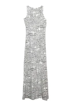 Black and white silk abstract print pullover tank maxi dress