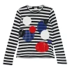 Black and white striped cotton crewneck pullover long sleeve jersey top with multi-colour dot patch motif