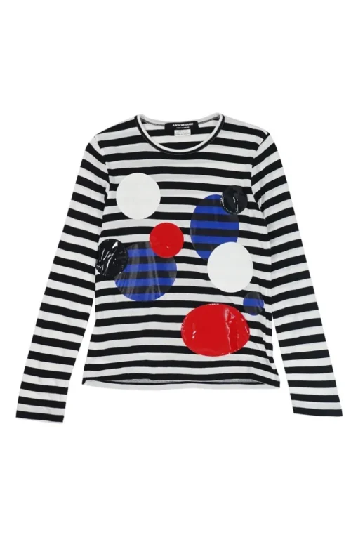 Black and white striped cotton crewneck pullover long sleeve jersey top with multi-colour dot patch motif