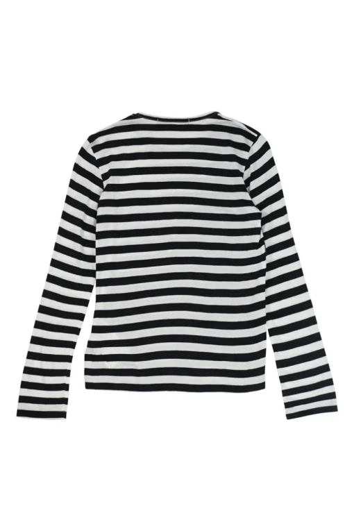 Black and white striped cotton crewneck pullover long sleeve jersey top with multi-colour dot patch motif