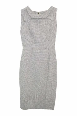 Black and white wool-blend houndstooth boat neck pleated sheath dress