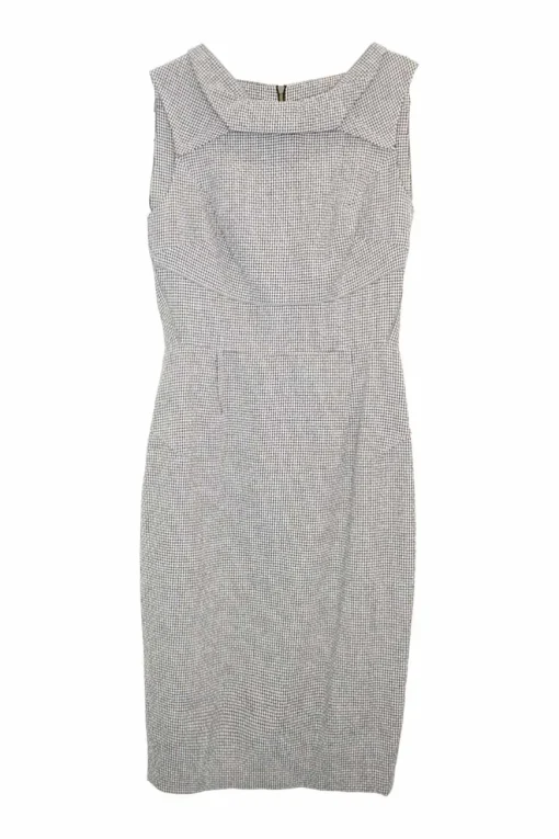 Black and white wool-blend houndstooth boat neck pleated sheath dress