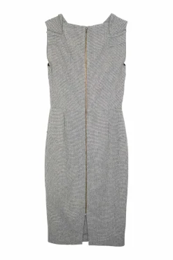 Black and white wool-blend houndstooth boat neck pleated sheath dress