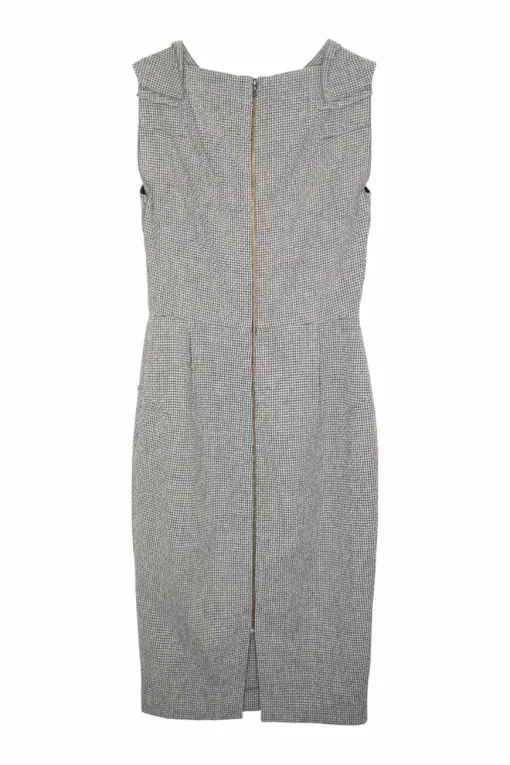 Black and white wool-blend houndstooth boat neck pleated sheath dress