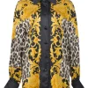 Black and yellow silk Baroque leopard print point collar button-front shirt