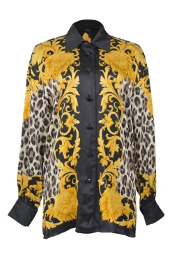 Black and yellow silk Baroque leopard print point collar button-front shirt