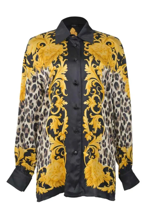 Black and yellow silk Baroque leopard print point collar button-front shirt
