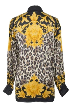 Black and yellow silk Baroque leopard print point collar button-front shirt