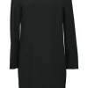 Black bateau neck pullover long sleeve peek-a-boo shift dress with contrasting neutral floral mesh back panel