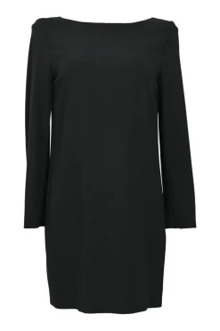 Black bateau neck pullover long sleeve peek-a-boo shift dress with contrasting neutral floral mesh back panel