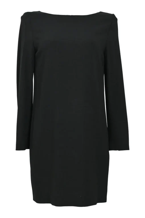 Black bateau neck pullover long sleeve peek-a-boo shift dress with contrasting neutral floral mesh back panel