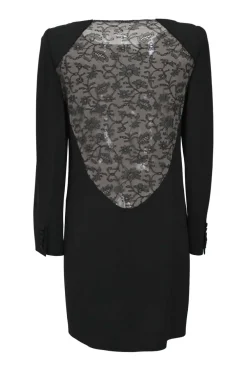 Black bateau neck pullover long sleeve peek-a-boo shift dress with contrasting neutral floral mesh back panel