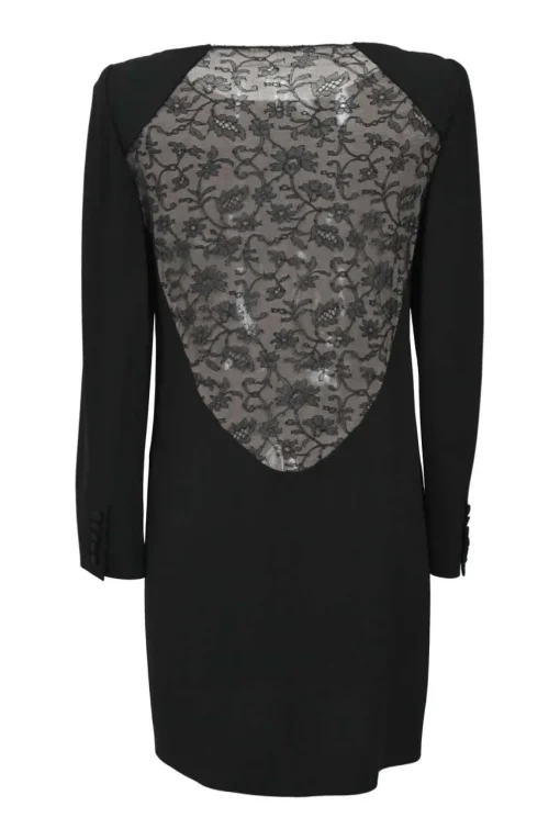 Black bateau neck pullover long sleeve peek-a-boo shift dress with contrasting neutral floral mesh back panel