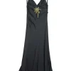 Black bead broderie raw edge silk Caroline cowl back slip dress featuring palm tree motif