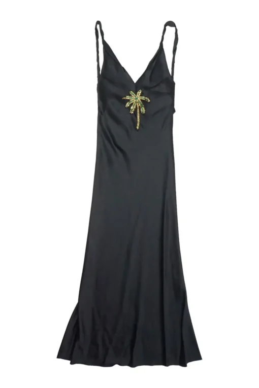 Black bead broderie raw edge silk Caroline cowl back slip dress featuring palm tree motif