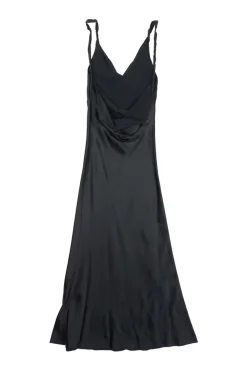 Black bead broderie raw edge silk Caroline cowl back slip dress featuring palm tree motif