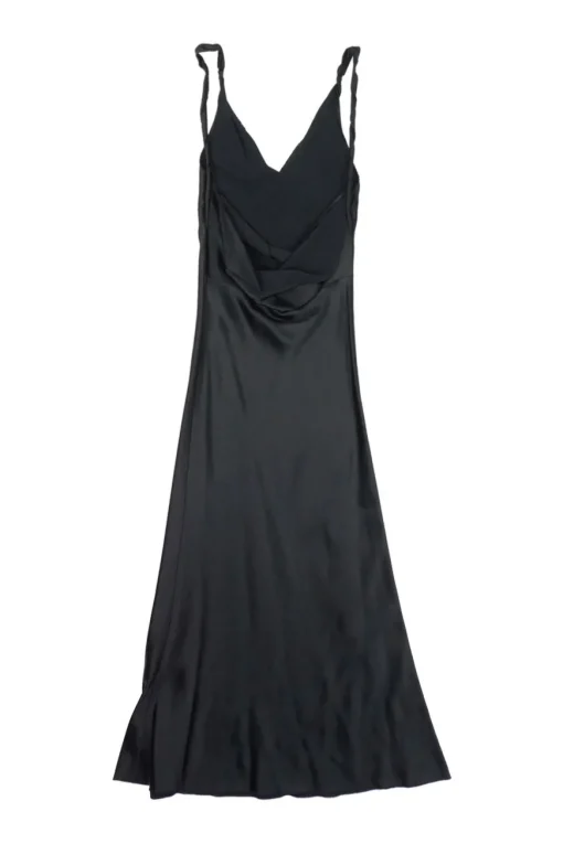 Black bead broderie raw edge silk Caroline cowl back slip dress featuring palm tree motif