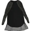 Black beaded silk raglan sleeve shift dress with vented high-low hem