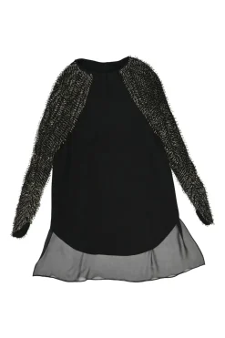 Black beaded silk raglan sleeve shift dress with vented high-low hem