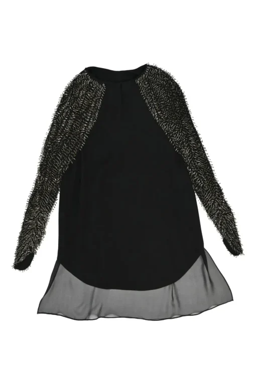 Black beaded silk raglan sleeve shift dress with vented high-low hem