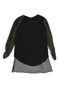 Black beaded silk raglan sleeve shift dress with vented high-low hem