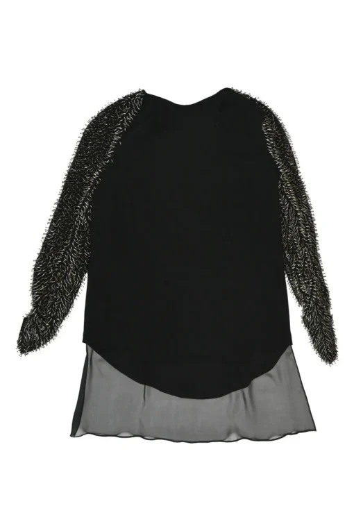 Black beaded silk raglan sleeve shift dress with vented high-low hem