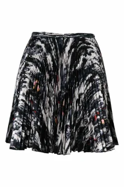 Black bias-cut abstract print pull-on high-rise A-line plissé skirt