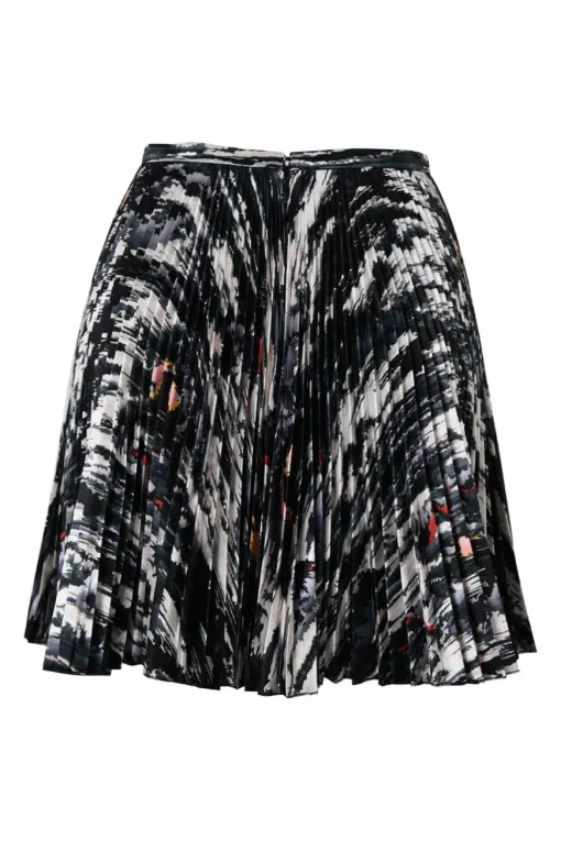 Black bias-cut abstract print pull-on high-rise A-line plissé skirt
