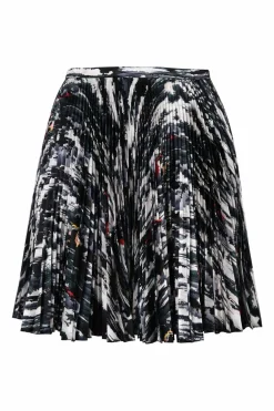 Black bias-cut abstract print pull-on high-rise A-line plissé skirt