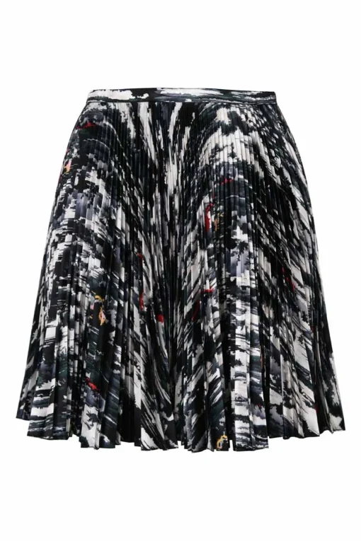 Black bias-cut abstract print pull-on high-rise A-line plissé skirt