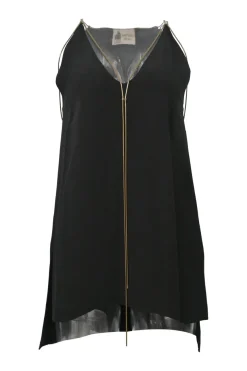 Black bias-cut acetate-blend swing-style slip tunic with herringbone chainlink appliqué