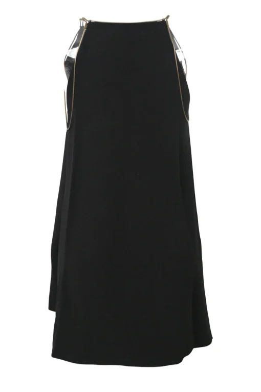 Black bias-cut acetate-blend swing-style slip tunic with herringbone chainlink appliqué
