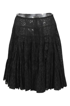 Black bias-cut cotton broderie Anglaise knee-length A-line skirt