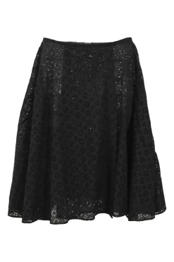 Black bias-cut cotton broderie Anglaise knee-length A-line skirt
