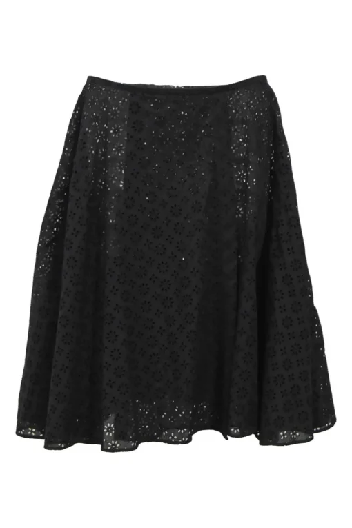 Black bias-cut cotton broderie Anglaise knee-length A-line skirt