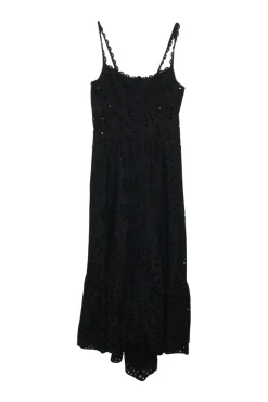 Black bias-cut cotton-blend Broderie Anglaise pullover slip-style half-button scalloped smocked sun dress