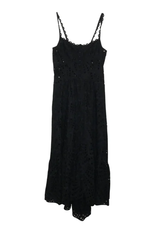 Black bias-cut cotton-blend Broderie Anglaise pullover slip-style half-button scalloped smocked sun dress