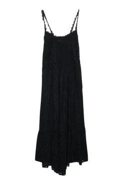 Black bias-cut cotton-blend Broderie Anglaise pullover slip-style half-button scalloped smocked sun dress