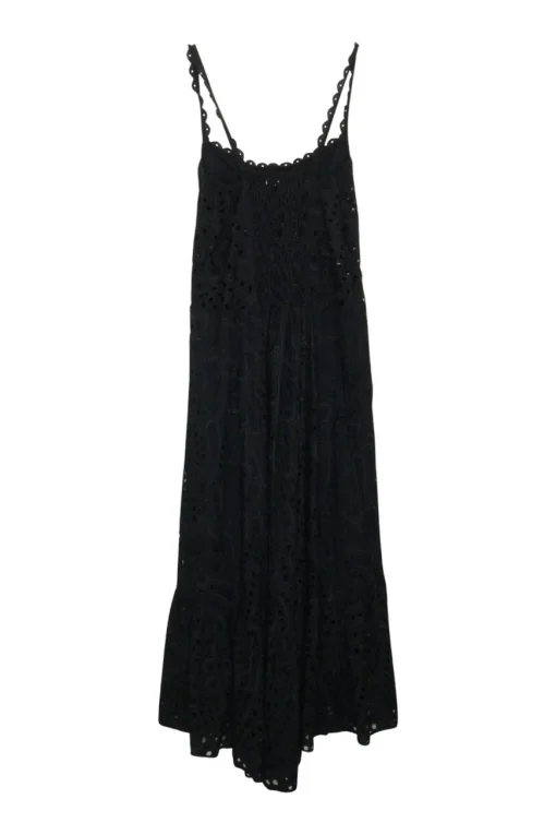 Black bias-cut cotton-blend Broderie Anglaise pullover slip-style half-button scalloped smocked sun dress