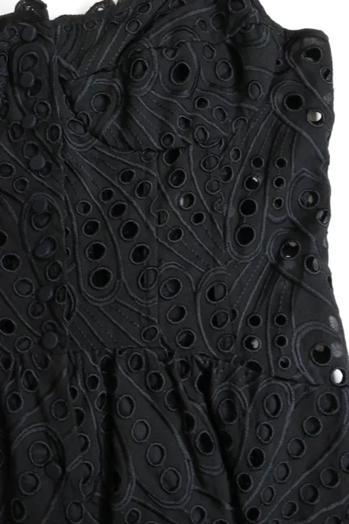 Black bias-cut cotton-blend Broderie Anglaise pullover slip-style half-button scalloped smocked sun dress