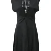 Black bias-cut draped leather plunge neck dolman sleeve mini dress