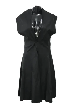 Black bias-cut draped leather plunge neck dolman sleeve mini dress