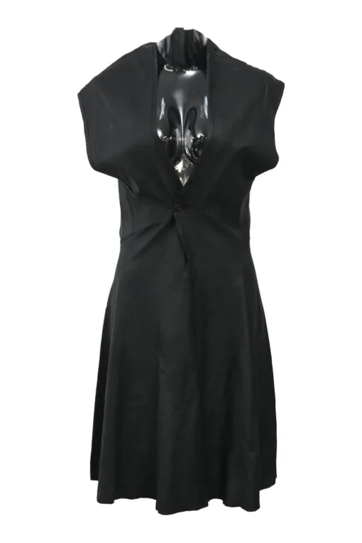 Black bias-cut draped leather plunge neck dolman sleeve mini dress