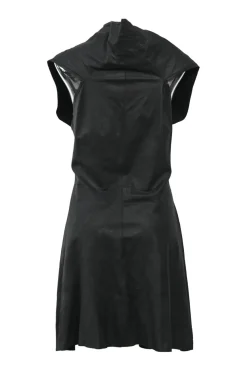 Black bias-cut draped leather plunge neck dolman sleeve mini dress