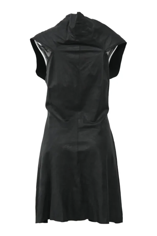 Black bias-cut draped leather plunge neck dolman sleeve mini dress