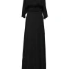 Black bias-cut mock neck flutter sleeve gown